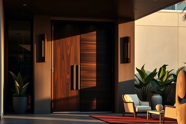 A wooden door design for a wide home entryway