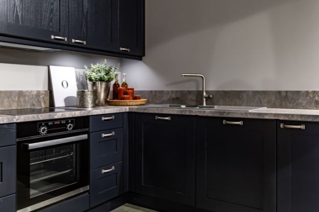 Black Cabinetry, White Walls & Brass Fittings kitchen colour combination
