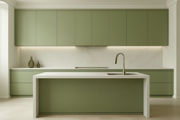 Olive Green and Marble Finish Kitchen Color Design