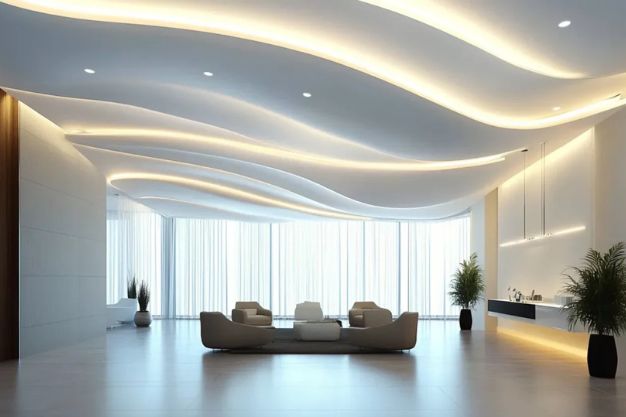 Layered False Ceiling with Strategic Spotlights  Defining Zones in Your Hall