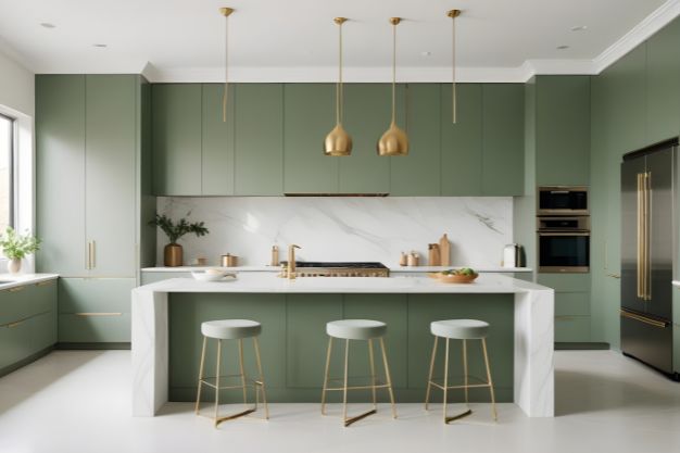 Emerald Green, Beige & Soft Grey Kitchen Colour Combination