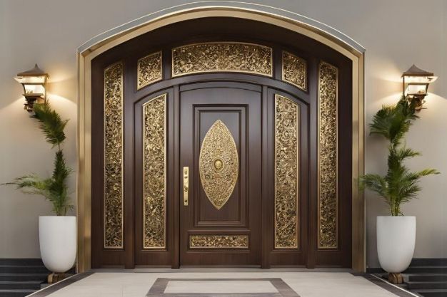 Brass-embellished main door entrance design